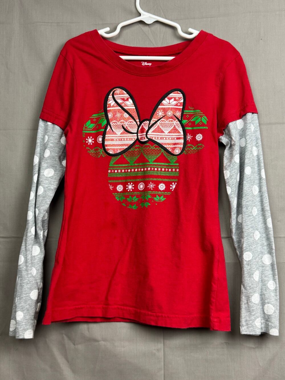 Disney Minnie Mouse Girls Red Holiday Shirt with Polka Dot Sleeves Size M (7/8)